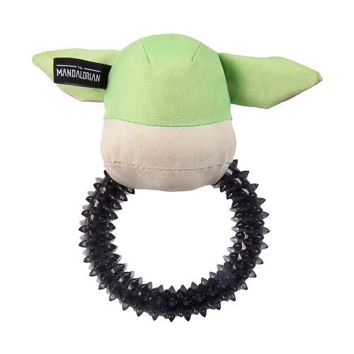 Rear view of durable Mandalorian dog teether toy featuring textured details and playful sci-fi design.