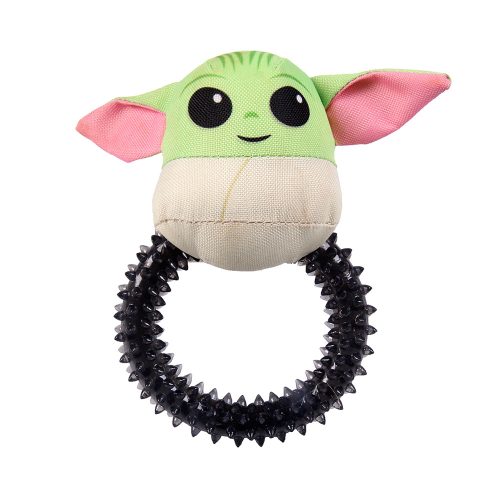 Front view of Mandalorian dog teether toy with detailed textures and a sci-fi-inspired design, made for chewing and teething.