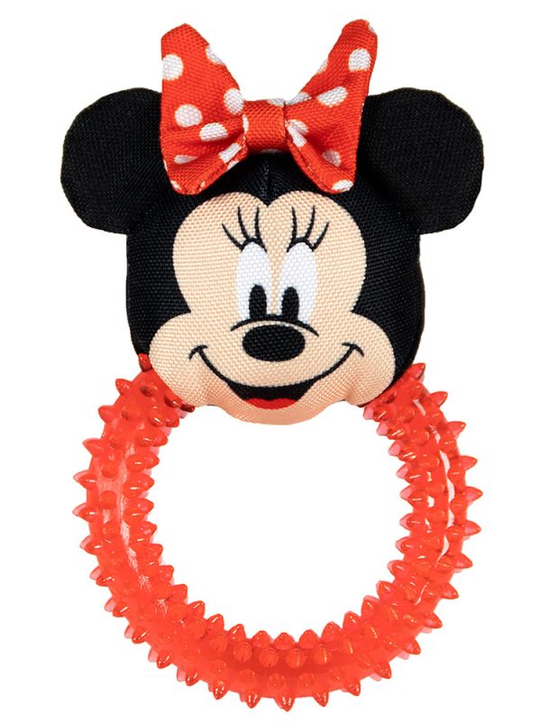 Minnie Mouse dog teether toy made from plush and chewable materials, shown flat to display the playful design and texture contrast.