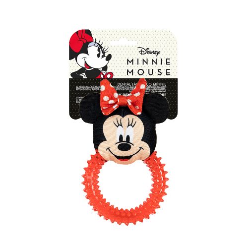Officially licensed Minnie Mouse dog chew toy with teething ring displayed in retail packaging, showing product details, branding, and toy visibility.