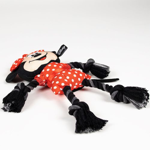 Diagonal view of the full Minnie Mouse Dental Rope Dog Toy showing plush character head and twisted rope handles at both ends.
