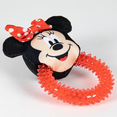 Close-up of Disney Minnie Mouse dog chew toy with teething ring featuring a built-in squeaker and durable stitching, designed for teething and active play.