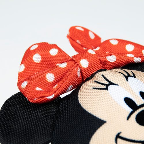 Close-up of Minnie Mouse dental rope dog toy showing red bow with white polka dots and detailed stitching.