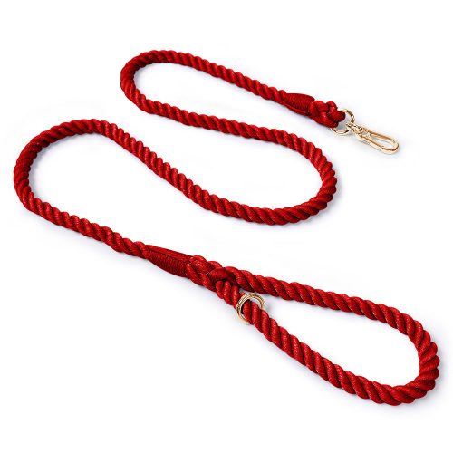 Deep red twisted dog lead styled to show off its rich ruby tone and thick braided design, paired with a heavy-duty metal clip.