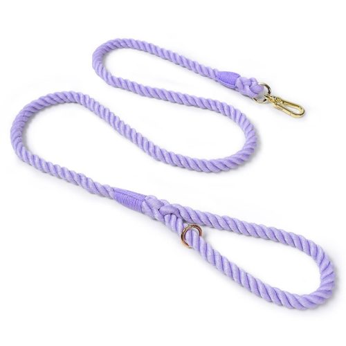 Twisted cotton rope dog lead in a soft violet shade, shown coiled with a calm, moonlit tone.