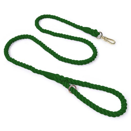 Twisted rope dog lead in a dark green colour, evoking a fresh, earthy feel, laid out with metal clasp visible.