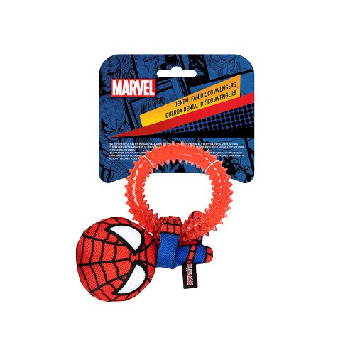 Spider-Man dog chew toy with teething ring displayed in original retail packaging with clear branding and product visibility.
