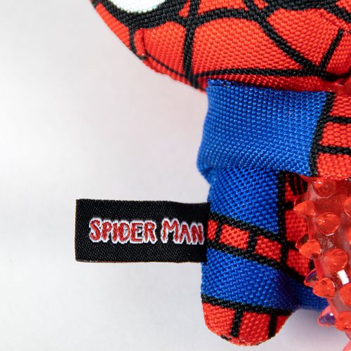 Detailed image of Marvel branding tag on Spider-Man dog chew toy with teething ring, emphasising the official licensing.