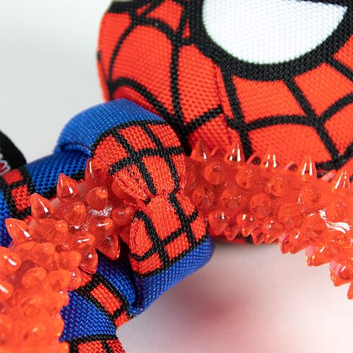 Close-up of Spider-Man dog chew toy with teething ring showing textured teething surface and durable, chew-friendly material.