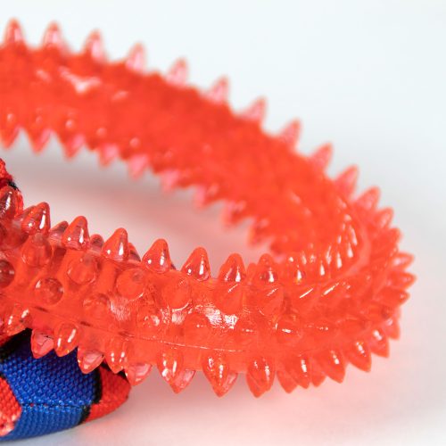 Close-up of Spider-Man dog chew toy with teething ring showing textured teething surface and durable, chew-friendly material.