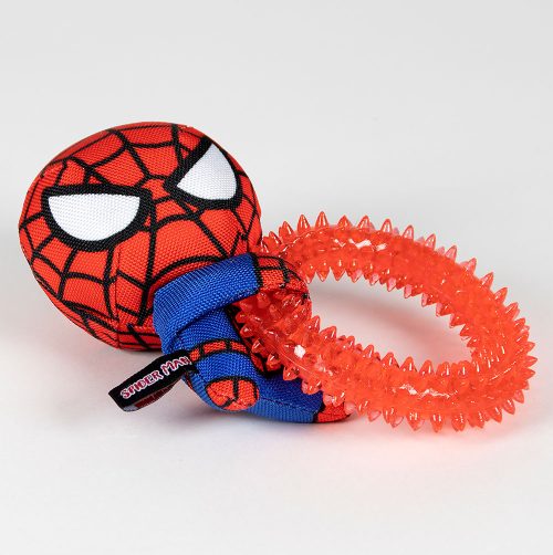 Marvel Spider-Man dog chew toy with teething ring displayed flat to show full design, featuring red and blue colours with web detailing.