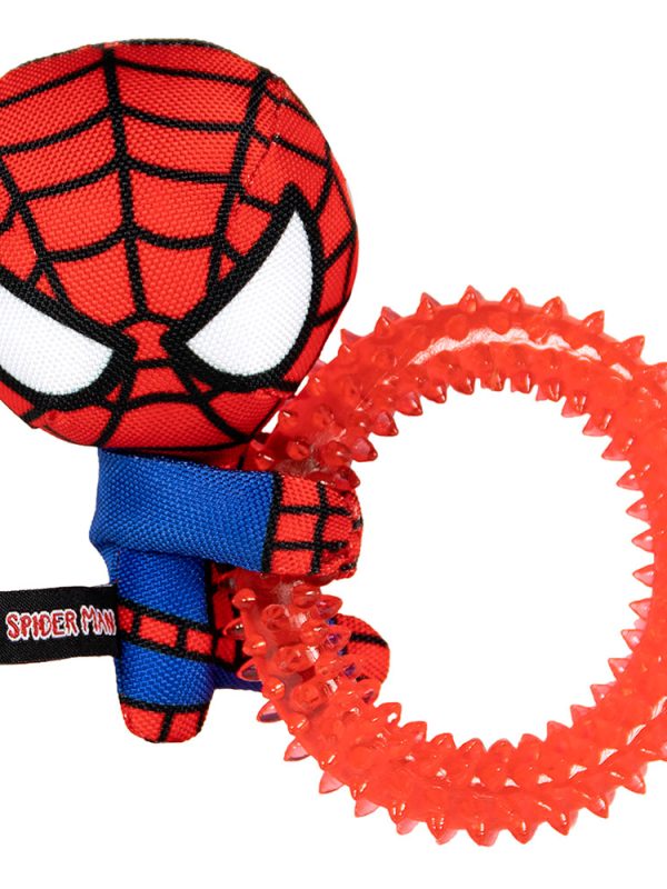 Front view of officially licensed Spider-Man dog chew toy highlighting the iconic superhero design and bold colours.
