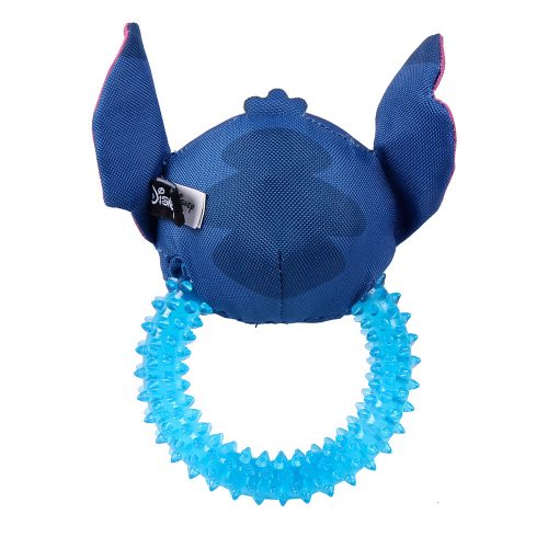 Disney Stitch dog teether toy in a ring shape, featuring durable materials showing the rear of the design of Stitch’s face, designed for dogs to chew and play with.