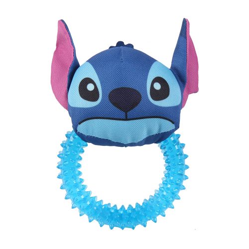 Disney Stitch dog teether toy in a ring shape, featuring durable materials with Stitch’s face, designed for dogs to chew and play with.