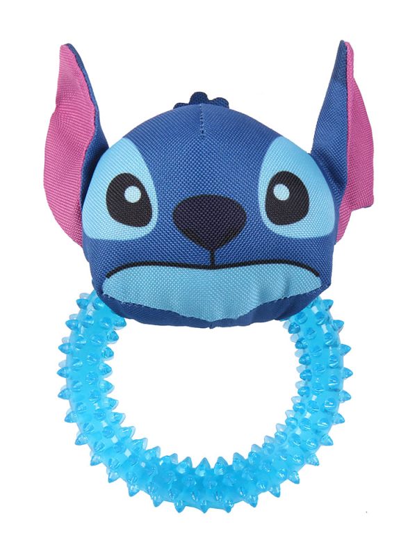 Disney Stitch dog teether toy in a ring shape, featuring durable materials with Stitch’s face, designed for dogs to chew and play with.