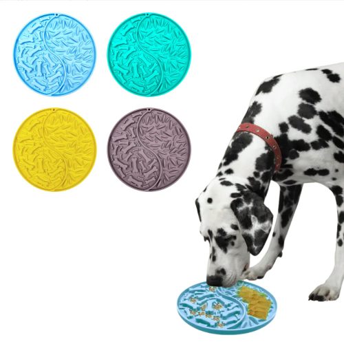 Dog enjoying food on the Premium Dog Slow Feeder and Lick Mat placed flat on kitchen tiles.