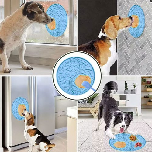 Dog licking peanut butter from wall-mounted Premium Dog Slow Feeder and Lick Mat during bath time for calming distraction.