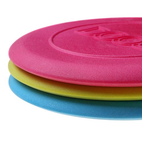 Assorted DOOG Dog Frisbees in pink, blue, and yellow for fun and safe fetch play