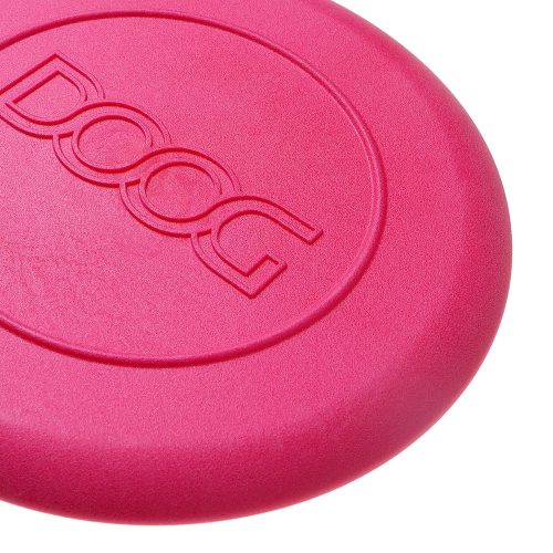 Close-up image showing DOOG logo on pink DOOG Dog Frisbee rubber material