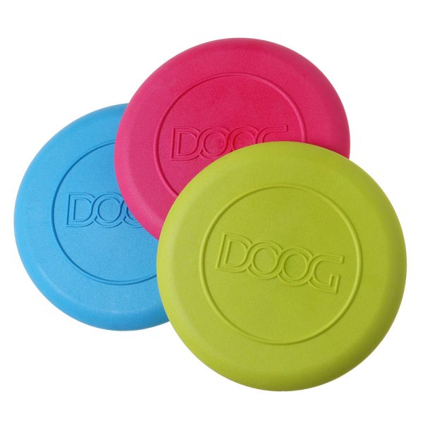DOOG Dog Frisbees in yellow, blue, and pink displayed in a vibrant trio