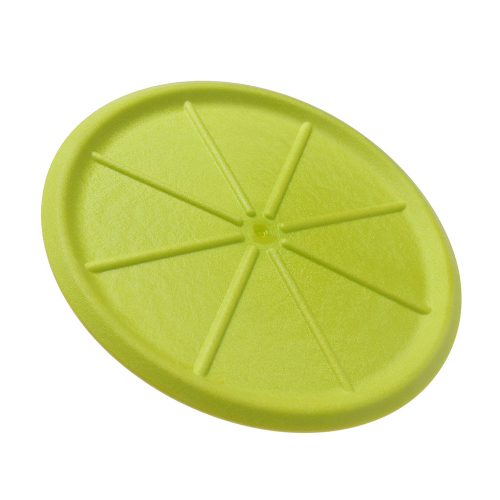 Back view of yellow DOOG Dog Frisbee showing the reverse side and rubber texture