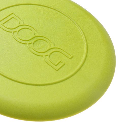 Close-up of DOOG logo embossed on yellow DOOG Dog Frisbee