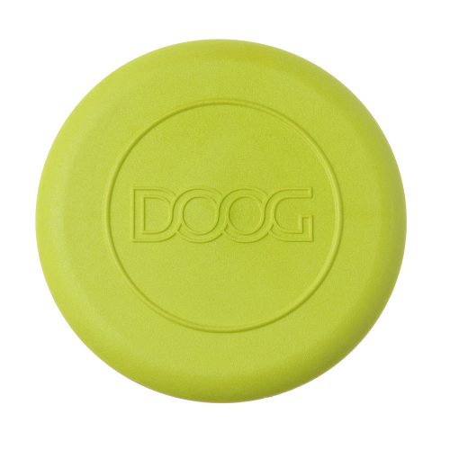 Unpackaged yellow DOOG Dog Frisbee made from durable, pet-safe rubber