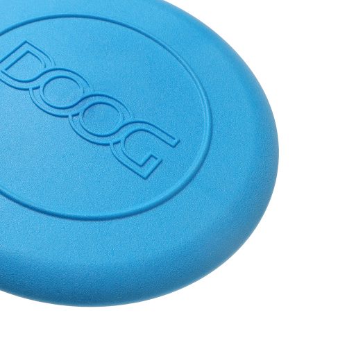 Detailed view of DOOG branding on blue DOOG Dog Frisbee surface