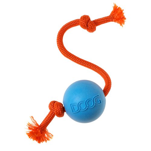Blue DOOG Dog Tug Toy with marine-grade rope and durable puncture-resistant ball shown on a white background.