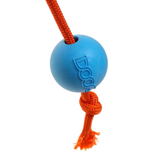 Close-up of the blue DOOG Tug Toy highlighting the textured EVA foam ball and strong rope construction.