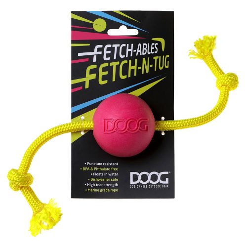 Pink DOOG Tug Dog Toy with marine-grade rope and durable EVA foam ball, ideal for fetch and tug games on land or in water.