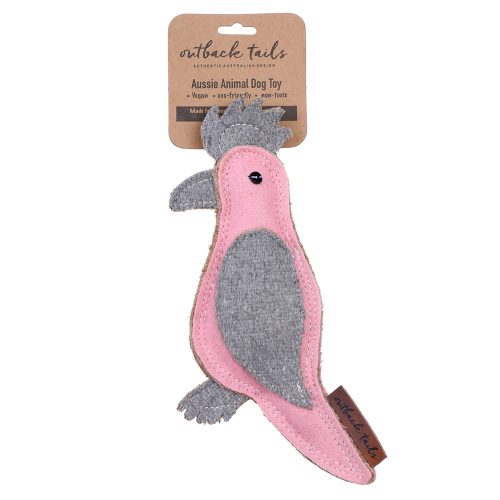 Gertie the Galah dog toy by Outback Tails, shown in retail-ready packaging