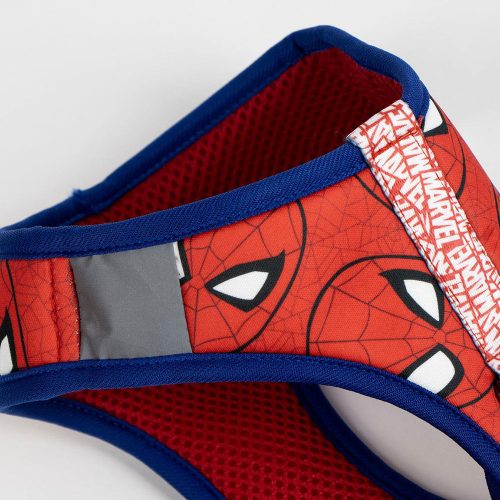Close-up of Spider-Man graphic and Marvel logo on premium fabric dog harness