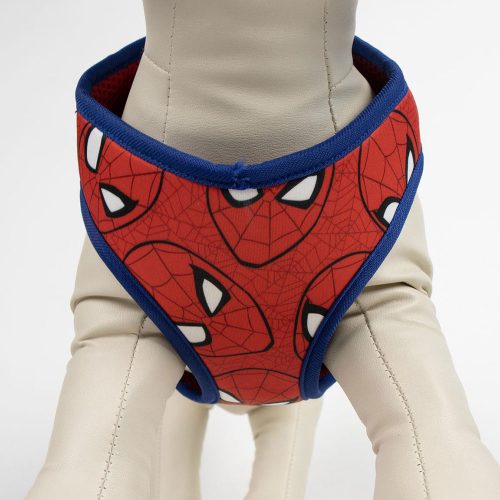 Spider-Man dog harness displayed on mannequin dog showing front fit and design
