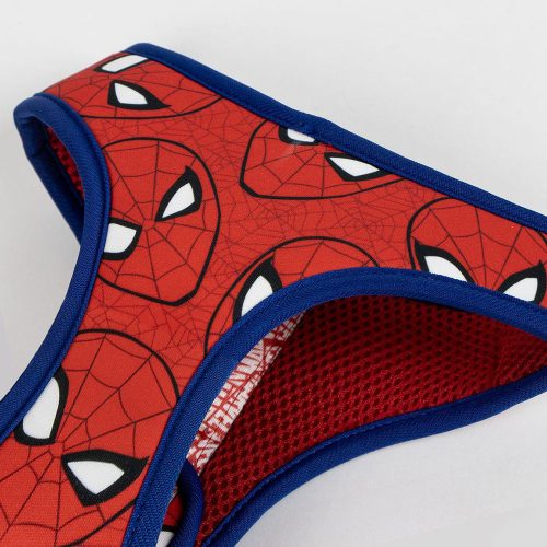 Close-up of Spider-Man graphic and Marvel logo on premium fabric dog harness