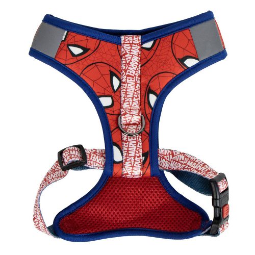 Back side of Spider-Man dog harness with secure D-ring and adjustable straps visible