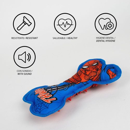 Spider-Man Bone Dog Toy with highlighted features including durable material, bone shape, and Marvel design shown in text callouts
