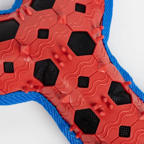 Detailed close-up of textured surface on Spider-Man dog toy designed to support healthy chewing