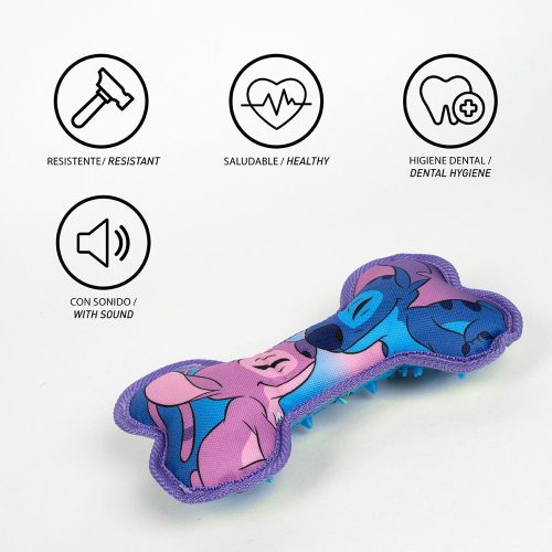 Close-up of Stitch Bone Dog Toy with text highlighting features such as durable TPR material, gentle texture, and fun character design