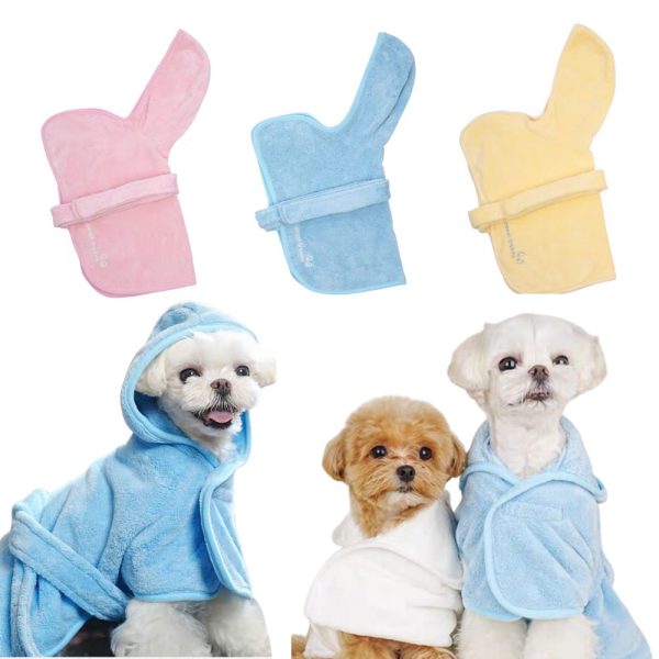 Small dogs wearing the Cosy Hood Dog Towel in various colours.