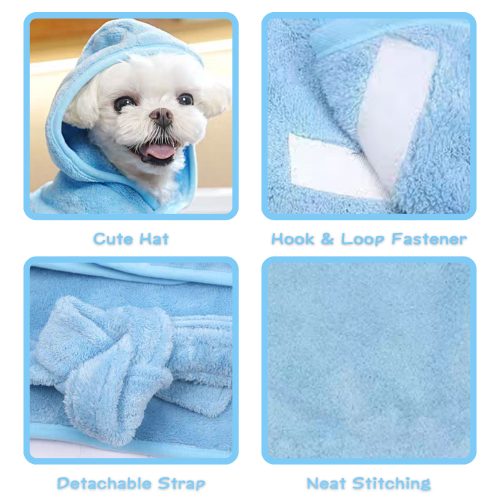 Cosy Hood Dog Towel in Blue showing the soft fabric and hook and loop Velcro fastener