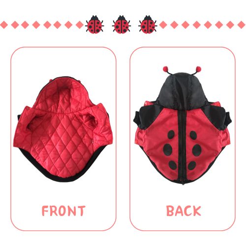 Close-up of the padded ladybug dog costume showing the front and back of the costume.
