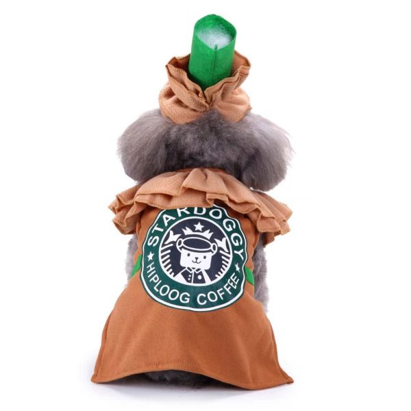 Back view of dog wearing Barista Dog Costume with coffee-themed design
