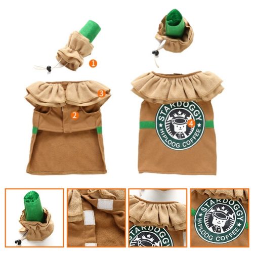 Barista Dog Costume laid out to show full design, including printed apron, coffee-themed graphics, matching hat, and fabric details.
