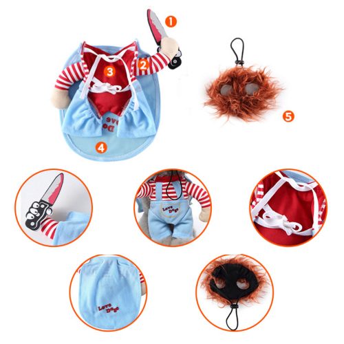 Chucky Dog Costume displayed from different angles showing striped shirt, overalls, and attached toy knife hands.
