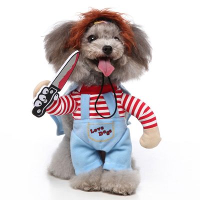 Small dog wearing Chucky Dog Costume with toy knife hands and striped shirt for Halloween.
