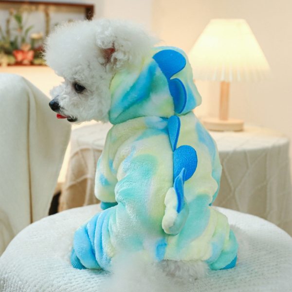 Rear view of small dog in Dinosaur Dog Hoodie showing tail, hood, and colourful dino design.