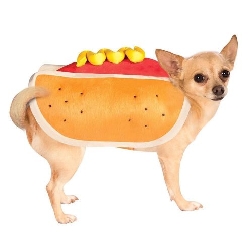 Side view of small dog in Hot Dog Dog Costume highlighting bun, sausage, and mustard details.