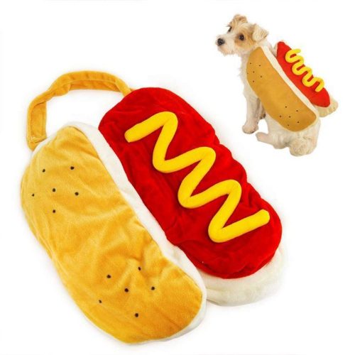 Hot Dog Dog Costume displayed flat to show full design with a small dog wearing the costume shown in the corner for reference.
