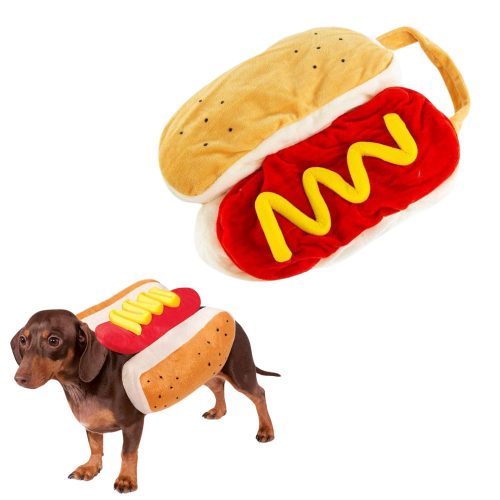 Different angle of small dog wearing Hot Dog Dog Costume showing full outfit with bun and hot dog pattern.